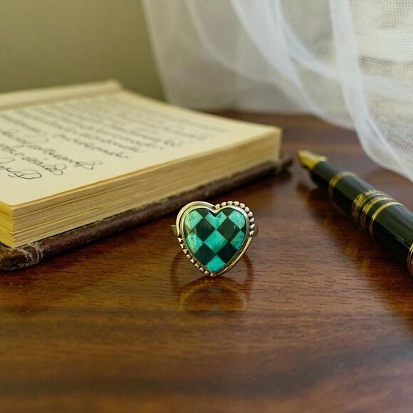 Southwest Kingman Turquoise And Onyx Heart Checker Board Sterling Silver Ring - Picture 2 of 5